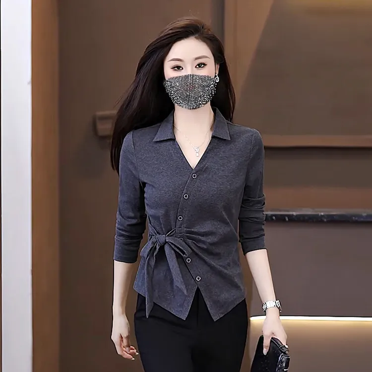 时尚设计感长袖T恤女2025早秋新款显瘦翻领系带上衣气质百搭衬衣