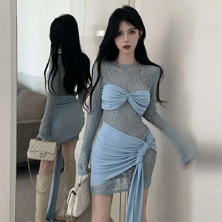 设计感蕾丝拼接长袖包臀连衣裙女时尚气质不规则飘带绝美短裙