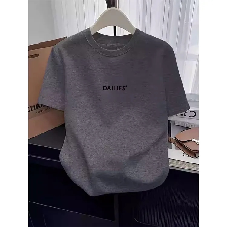 正肩纯棉磨毛短袖t恤女2025早秋新款时尚百搭深灰色减龄上衣厚款