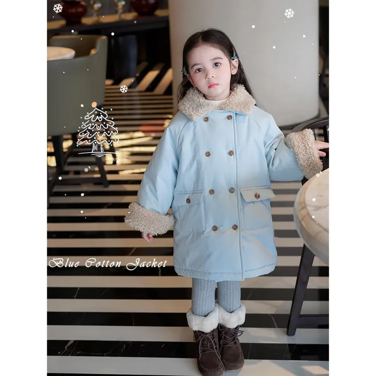 儿童韩版双排扣毛绒冬季外套女童中长款保暖厚棉袄棉服洋气时尚