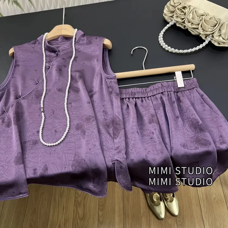 新中式植物蝴蝶提花立领盘扣马甲+松紧腰A字休闲短裤套装2567