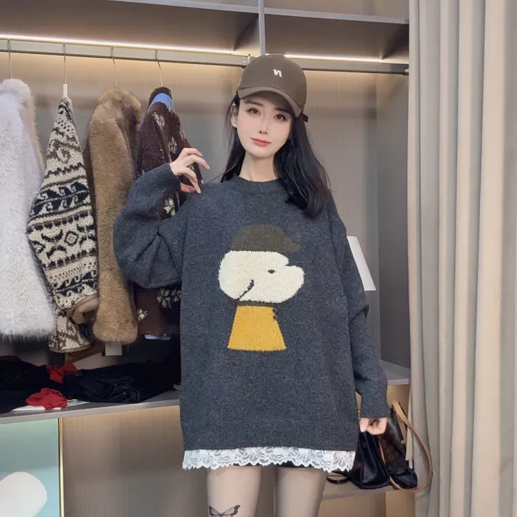 圆领针织慵懒风毛针织衫毛衣减龄宽松上衣秋冬季