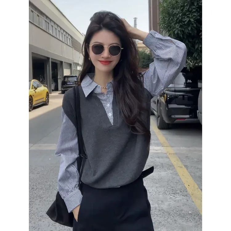 巨好看的早秋季韩系穿搭polo领假两件针织衫女chic别致高级感上衣