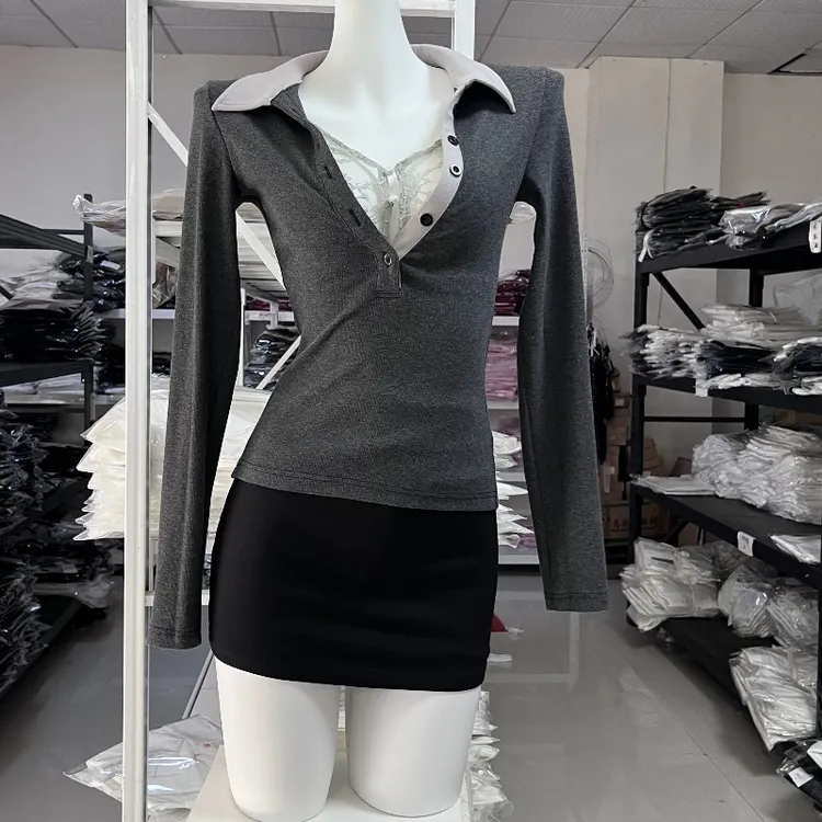 iqcq气球熊辣妹风灰色假两件蕾丝拼接T恤显瘦上衣秋季包臀裙套装