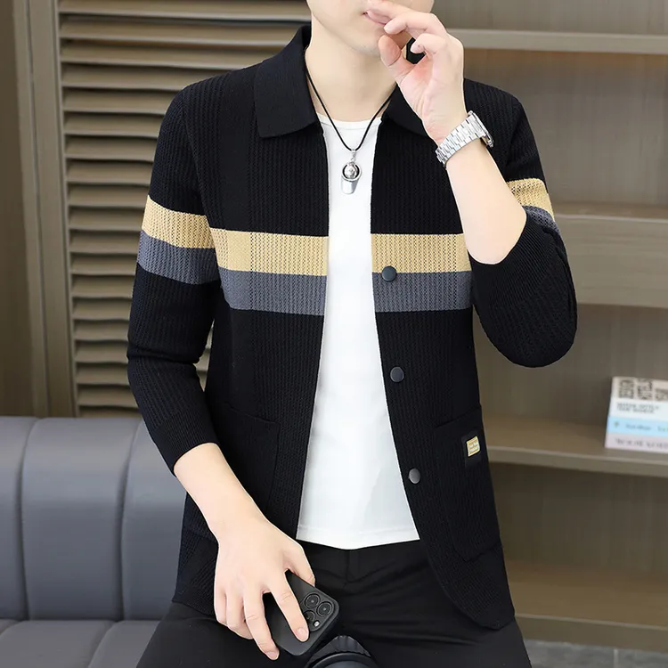 男士新款秋季拼色条纹针织开衫翻领休闲简约百搭针织男外套25809