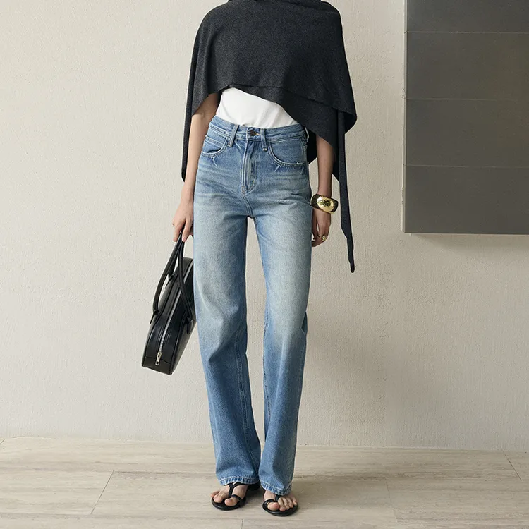 全棉无弹牛仔裤长裤窄版直筒裤春秋蓝色高腰显瘦土耳其面料3002