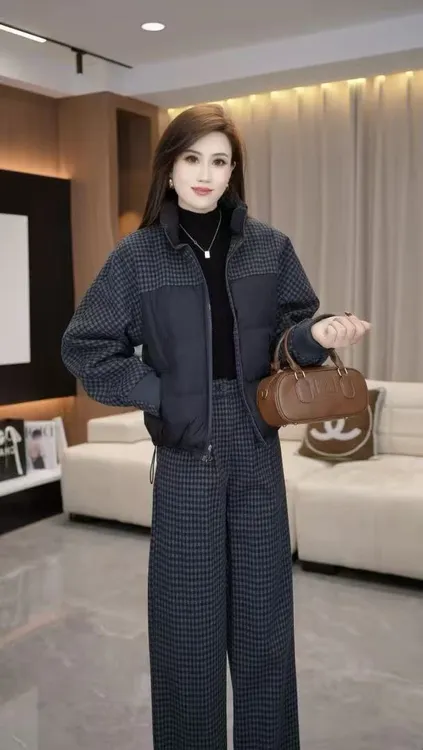 高级感时尚格子套装女冬装新款洋气减龄撞色棉服外套阔腿裤两件套