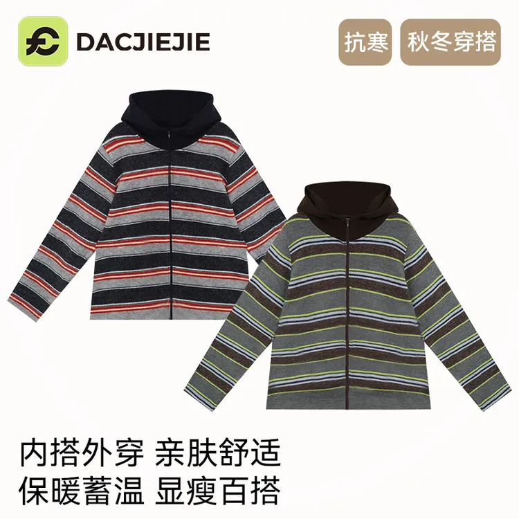 冬季新款【条纹绒感连帽开衫】宽松显瘦百搭舒适时尚保暖休闲上衣女