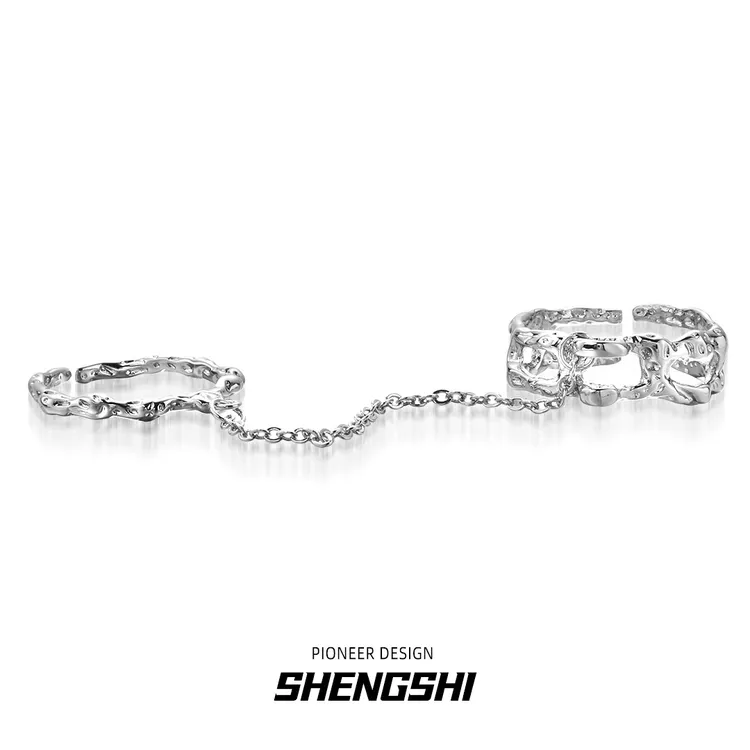 合金戒指 以爱为囚小众肌理链条双指连体食指潮设计感百搭高级感