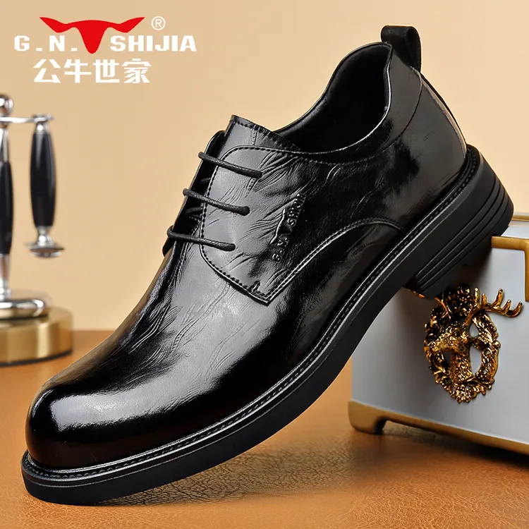 公牛世家新款男士商务皮鞋休闲男皮鞋细带套脚软底低跟百搭男鞋