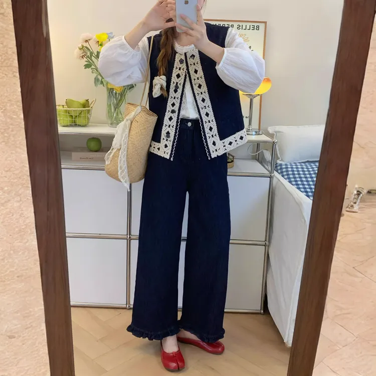 丹宁蓝牛仔～早秋显瘦防掉色弹力腰小个子九分直筒裤蕾丝牛仔