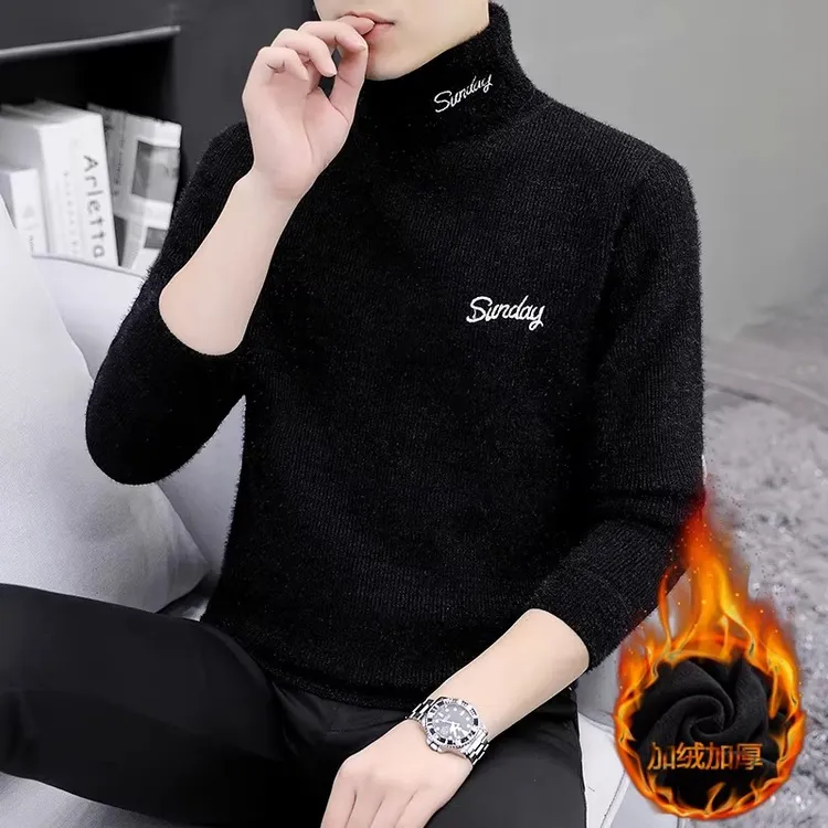 CQV黑色高领毛衣男士加绒加厚打底衫秋冬新款刺绣休闲加厚毛线衣