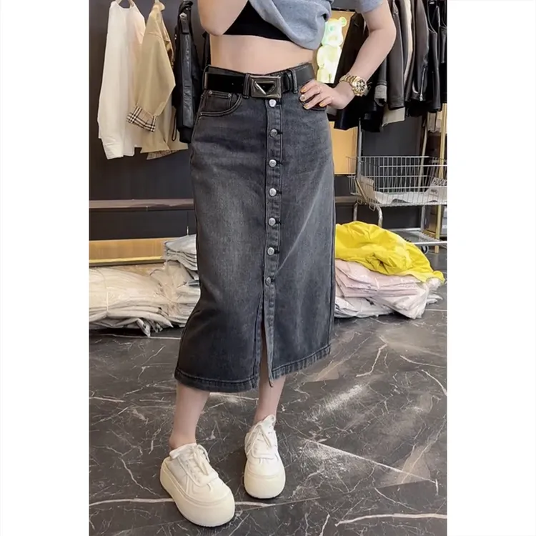艾塔莉开叉中长款半身裙女夏季新款显瘦复古A字裙大码高腰牛仔裙