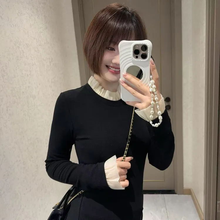 静静哈尼 【花边修身长袖T恤】新款显瘦抓绒打底衫长袖T恤T825115