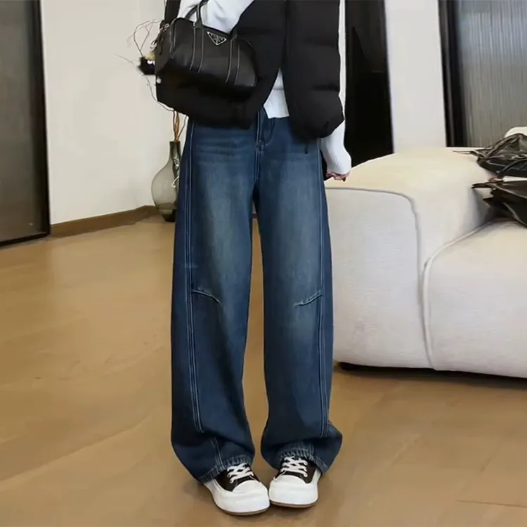 美式复古蓝色弯刀牛仔裤女秋冬2025新款镰刀宽松阔腿裤子W25915
