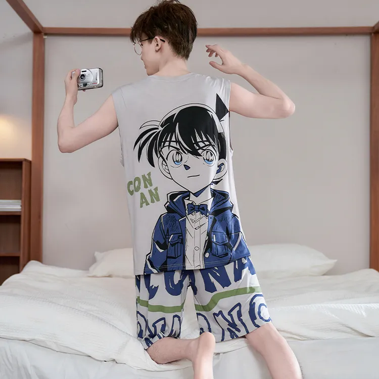 睡衣男夏季背心短裤薄款男士莫代尔冰丝卡通青少年初中学生家居服