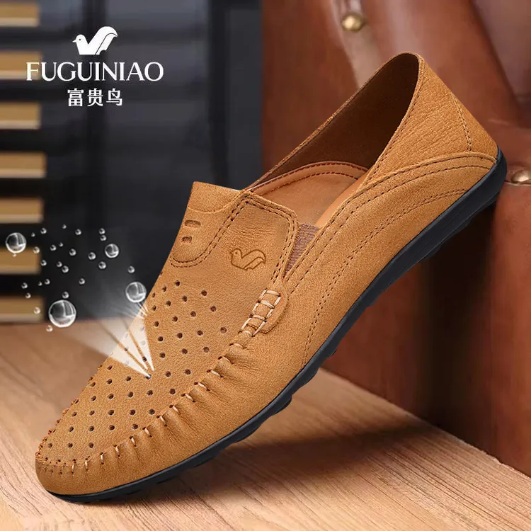 FUGUINIAO/富贵鸟夏季休闲豆豆鞋男真皮磨砂男士洞洞鞋透气镂空