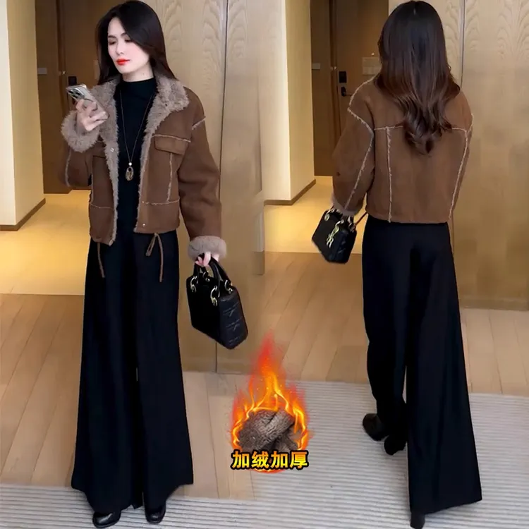 时尚休闲短外套女2025冬季新款翻领毛领加绒加厚小个子夹克上衣