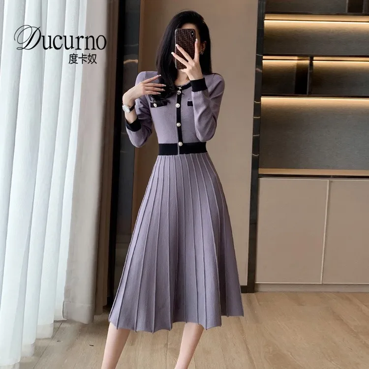 小香风针织百褶连衣裙女秋季2025新款收腰显瘦中长款气质打底裙子