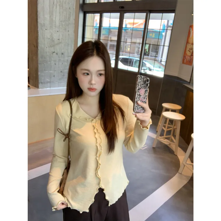 大婉酱千千微胖定制软糯木耳边针织衫秋季新款薄款长袖上衣1116X