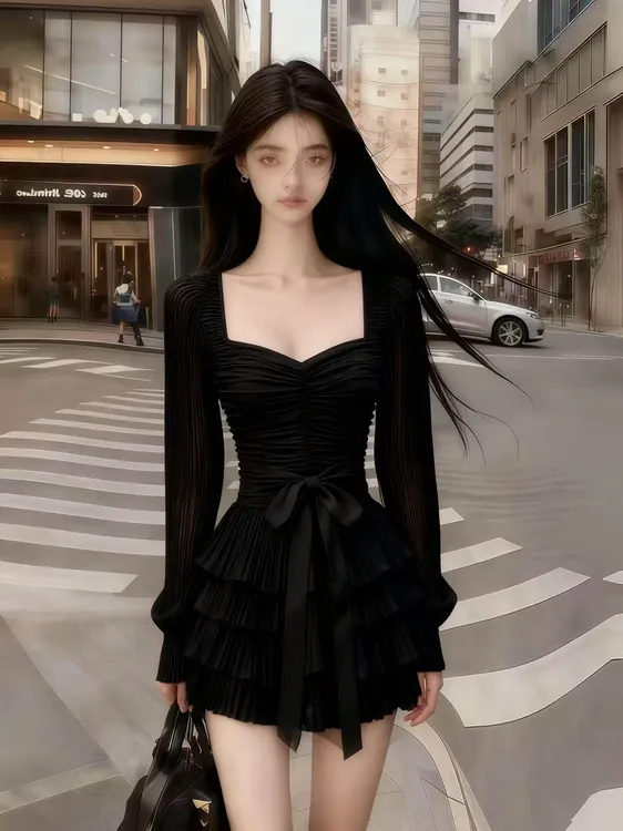 秋冬季静奢御姐风气质名媛黑色V领长袖收腰系带褶皱设计感连衣裙