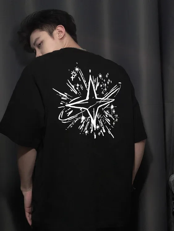 潮牌新款美式重磅个性四芒星短袖T恤男女上衣宽松圆领休闲