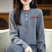 【秋季新款】韩系时尚圆领撞色彩扣百搭减龄长袖针织衫CQ6916衣长59