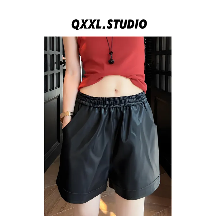 邱小小丽呀 早秋松紧高腰pu皮阔腿裤女百搭宽松休闲外穿a字短裤