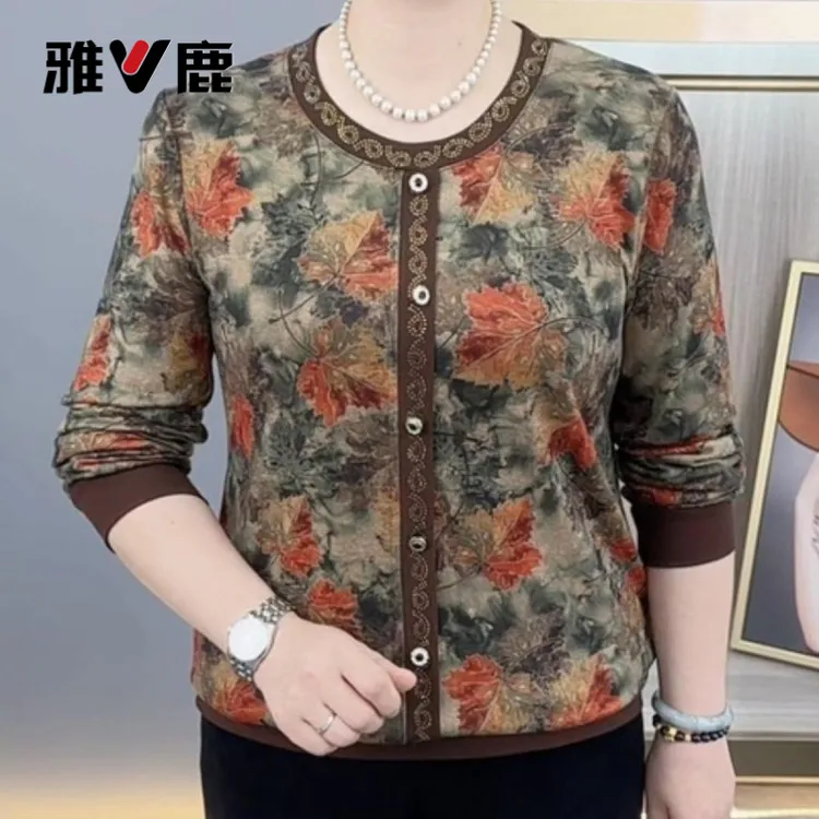 雅鹿优选秋季新款时尚圆领钻恤洋气妈妈装女休闲显瘦气质百搭长袖