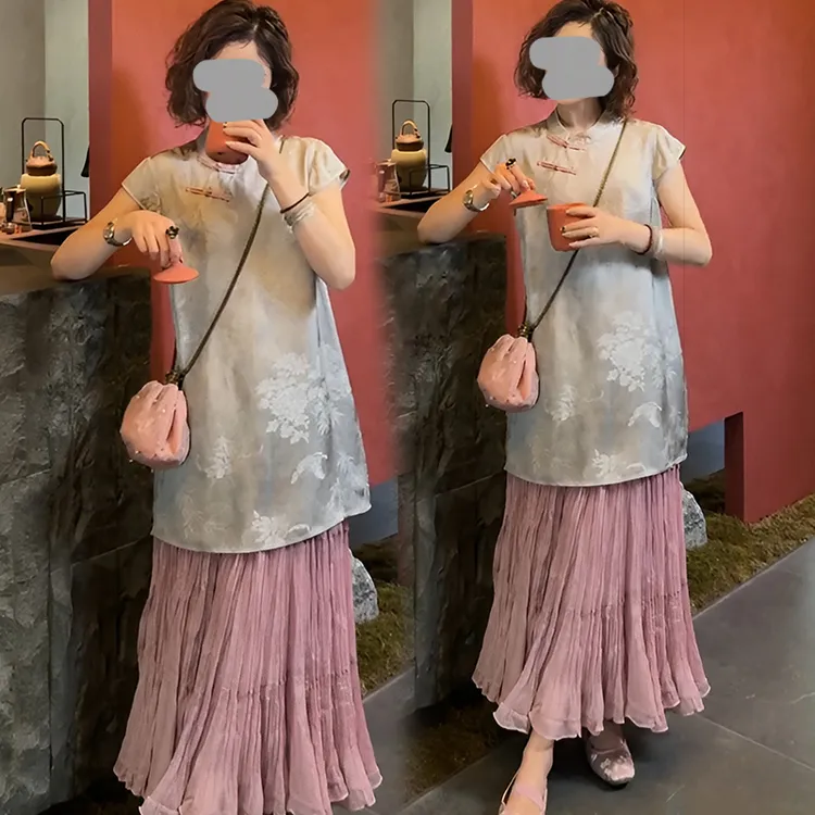 新中式改良斜襟盘扣上衣2025夏季新款显瘦百搭木耳边半身裙套装潮