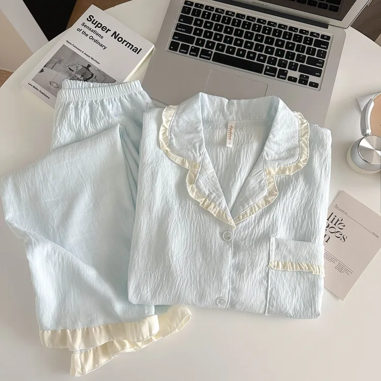 春秋季睡衣女长袖长裤云朵棉纯色甜美公主花边少女新款家居服套装