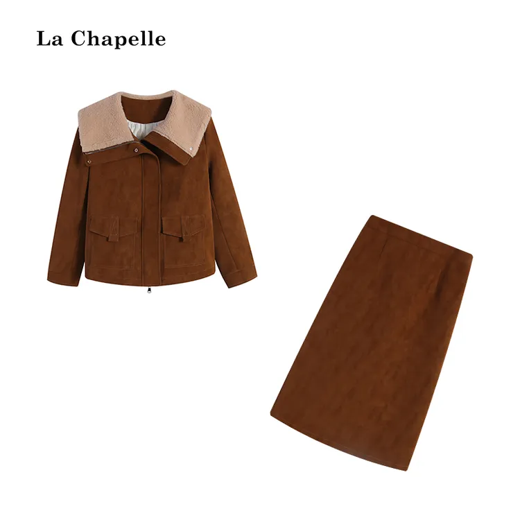 拉夏贝尔Homme/【】咖拼杏色棉上衣+咖色长半裙两件套LA5ZL113720