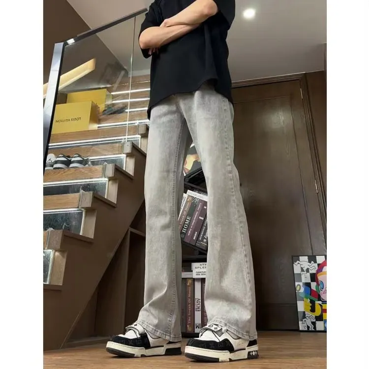 美式高街烟灰牛仔裤男款春夏季修身ins潮裤子百搭显瘦微喇直筒裤