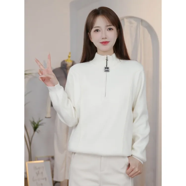 加绒半高领拉链毛衣针织衫女秋冬显瘦打底衫加厚一体绒内搭上衣女