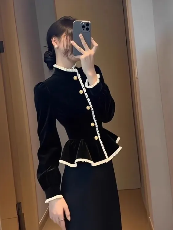 法式小香风黑色长袖衬衫女秋冬设计感高级感轻奢减龄洋气遮肚上衣