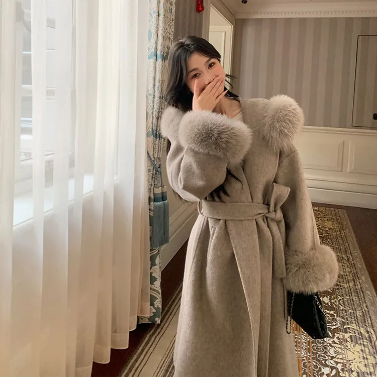 双面呢大衣女中长款仿狐狸毛连帽高级感秋冬季新款羊毛呢子外套潮