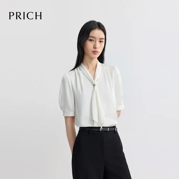 【缎面】简约飘带V领肌理感短袖衬衫2026夏季通勤上衣女PRBAG2401E