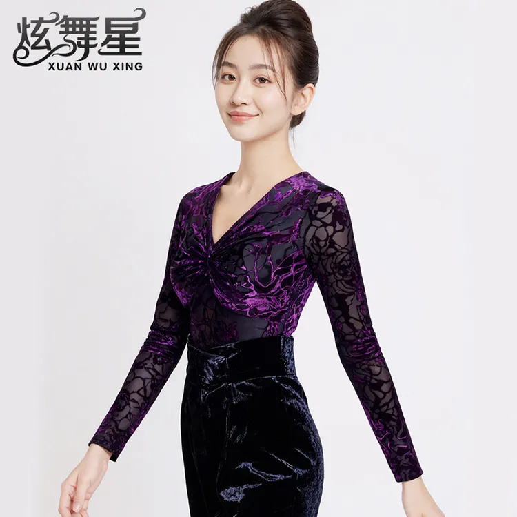 新款摩登舞上衣气质V领长袖拉丁舞练功服女时尚弹力烧花交谊舞衣