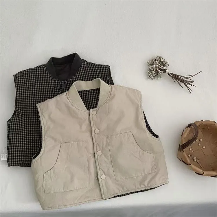 双面穿棉马甲2025冬季新款男女童格子坎肩中小儿童保暖背心韩版潮