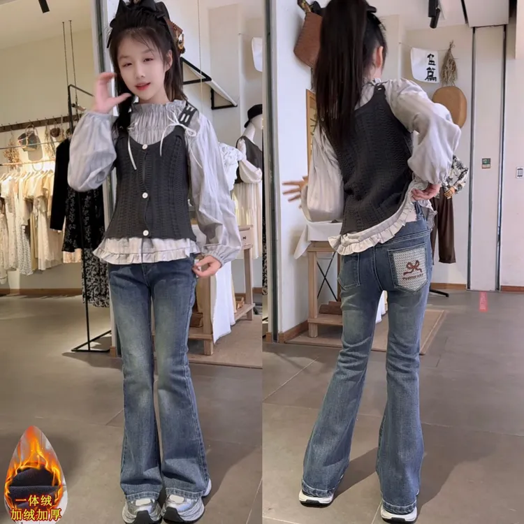 女童喇叭裤宝藏衣橱上新女大童牛仔裤儿童秋修身女童裤子春秋款