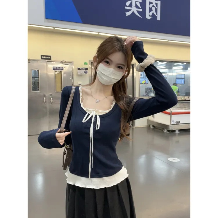 【8359桃】大码胖mm假两件长袖T恤女春季撞色拼接修身显瘦小上衣