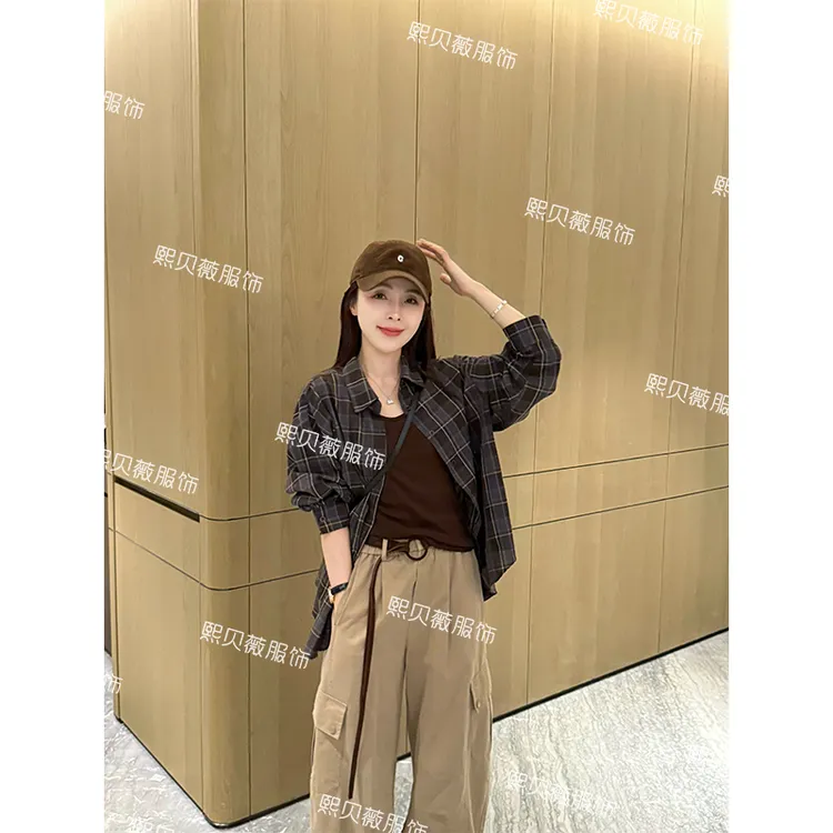 熙贝薇5 美式纯棉复古格子衬衫+百搭打底背心真两件套套装 G5121