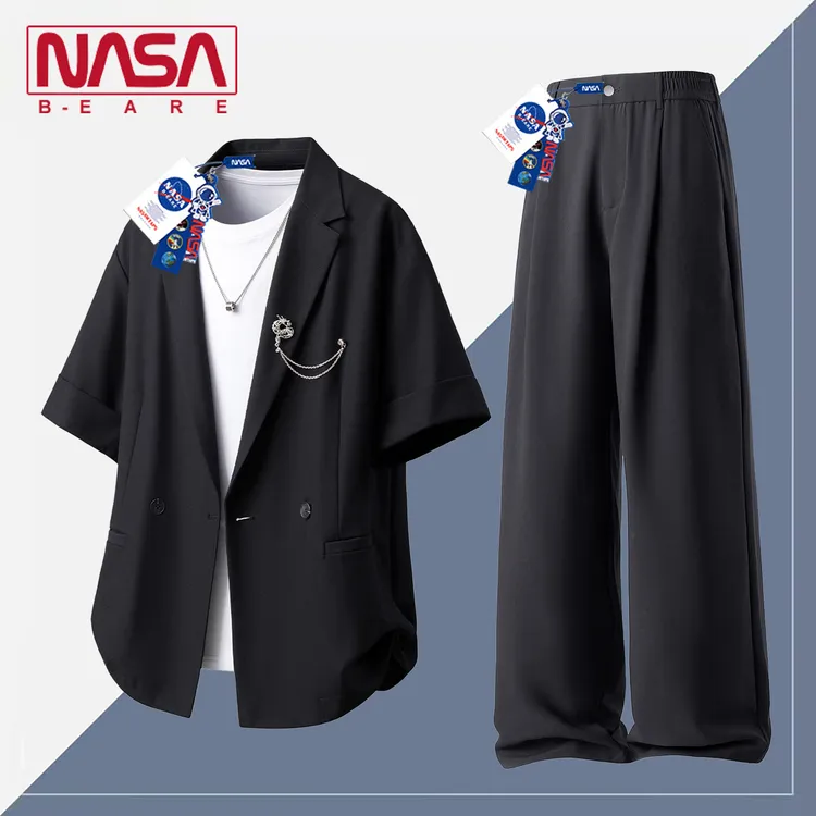 NASA联名休闲西装套装男高级感痞帅西服外套夏季短袖礼服订婚男生