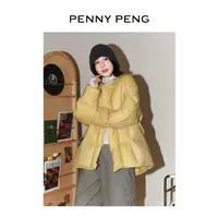 PENNYPENG 暖姜茶 黑标系列复古风鱼骨纹圆领羊毛90绒鹅绒服外套