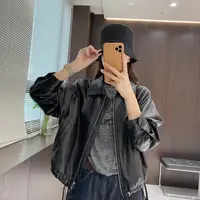 IMFLY金小金自制女装 外套DYW9850秋季下摆抽绳款气质皮夹克外套