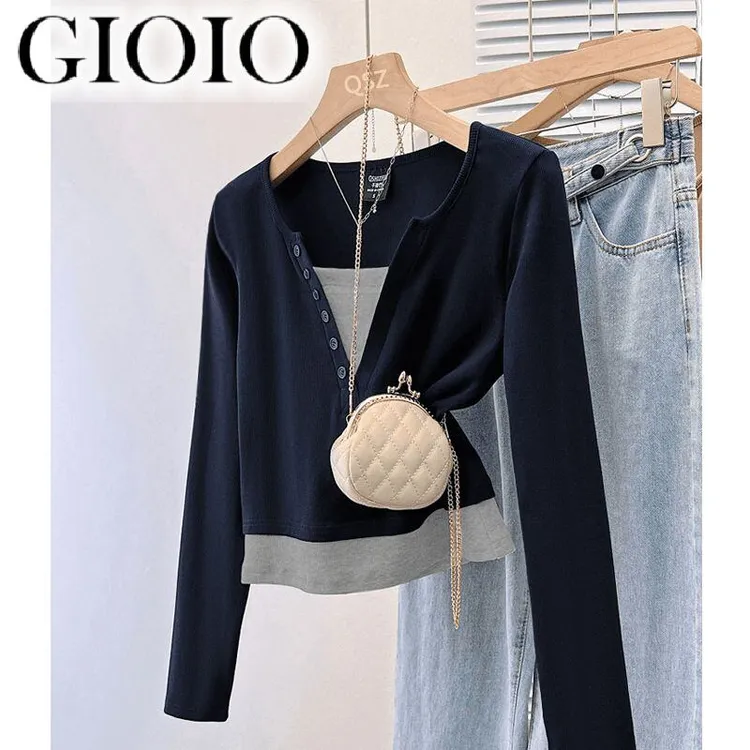 GIOIO8904#撞色假两件长袖T恤女秋装新款设计感小众V领短款上衣打