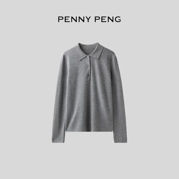 PENNYPENG 暖咖假日 冬季新款修身低调奢感翻领针织羊绒长袖上衣