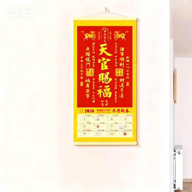 正版2026新款天官赐福实木客厅玄关书房装饰挂画马年新款天官赐福