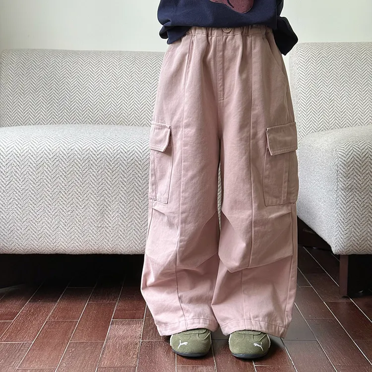 【纯棉深秋】男女童洗水棉口袋休闲束脚可收口拼接工装裤25F015