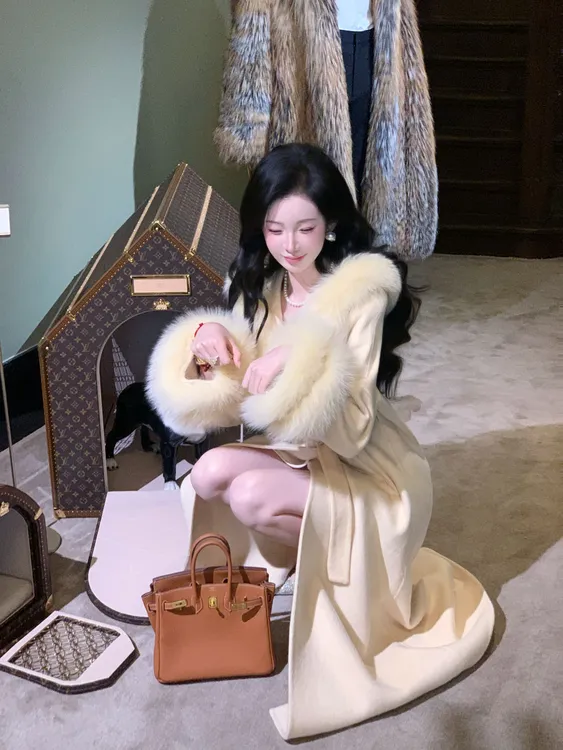 【雅乔定制】雪国贵女狐狸毛领绵羊毛双面呢大衣外套DYYY-250851131